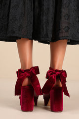 Sassyy Wine Velvet Bow Platform Ankle Strap Sandals