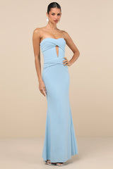 Elegant Finesse Light Blue Pleated Cutout Maxi Dress