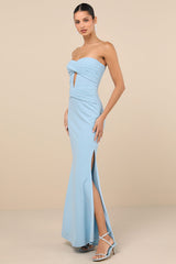 Elegant Finesse Light Blue Pleated Cutout Maxi Dress