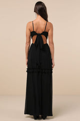 Pronounced Perfection Black Cutout Tie-Back Maxi Dress