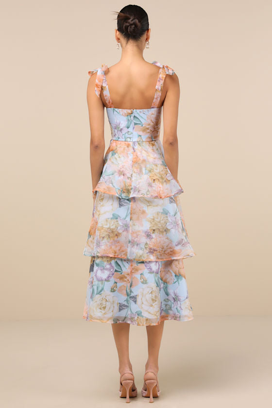 Playfully Posh Blue Floral Organza Tie-Strap Tiered Midi Dress