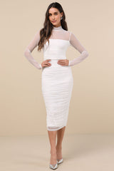Impressive Flirt White Mesh Ruched Mock Neck Midi Dress