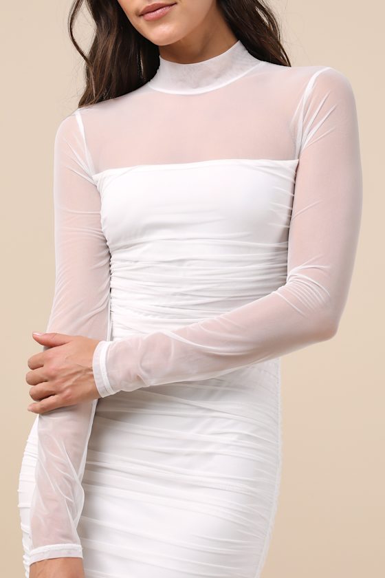 Impressive Flirt White Mesh Ruched Mock Neck Midi Dress