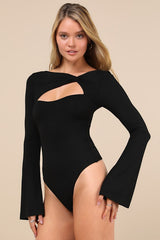 Perfectly Impressive Black Twist-Front Long Sleeve Bodysuit
