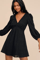 Forever In My Heart Black Striped Balloon Sleeve Mini Dress