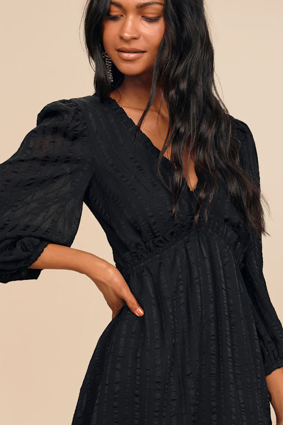 Forever In My Heart Black Striped Balloon Sleeve Mini Dress