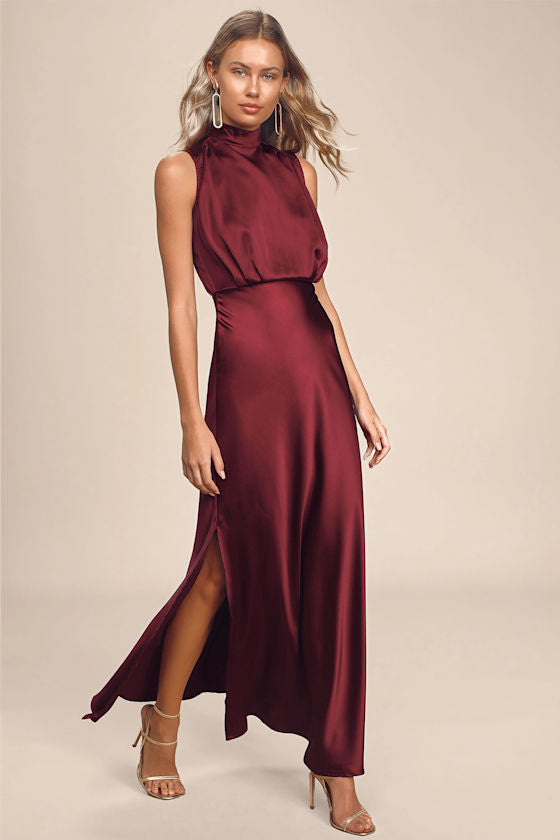 Classic Elegance Wine Satin Maxi Dress