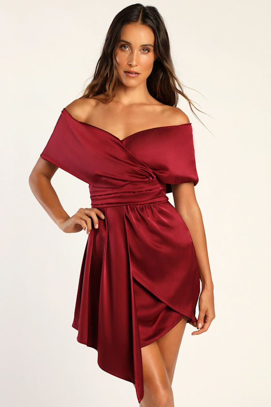 Always Celebrating Burgundy Satin Off-the-Shoulder Mini Dress