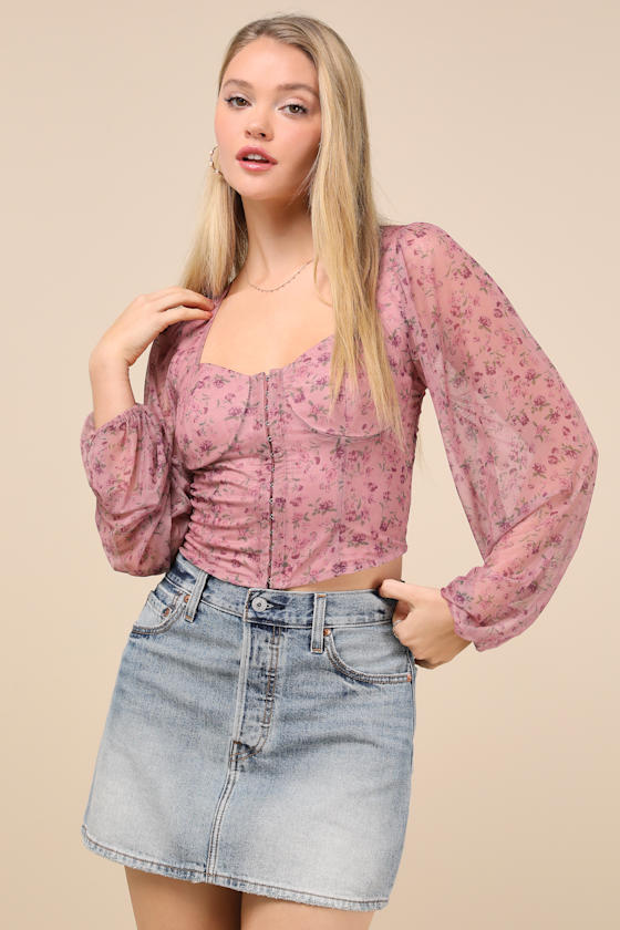 Feeling So Cute Mauve Floral Mesh Balloon Sleeve Crop Top