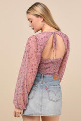 Feeling So Cute Mauve Floral Mesh Balloon Sleeve Crop Top