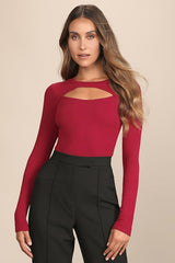 Flirty Little Secret Wine Red Ribbed Cutout Long Sleeve Top