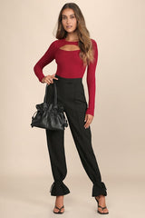 Flirty Little Secret Wine Red Ribbed Cutout Long Sleeve Top