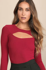 Flirty Little Secret Wine Red Ribbed Cutout Long Sleeve Top