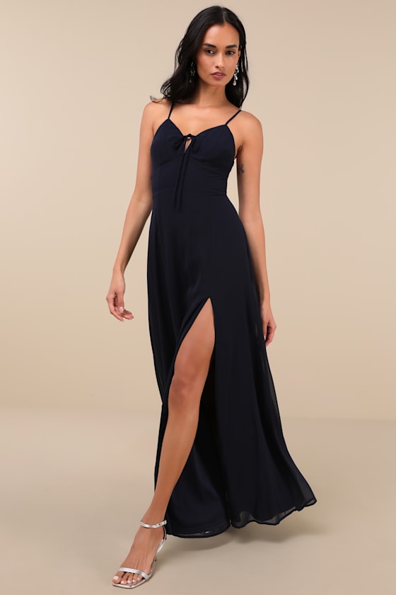Marveled Beauty Navy Sleeveless Tie-Front Maxi Dress