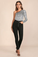 Dancing Diva Black and Silver Sequin One-Shoulder Bodysuit