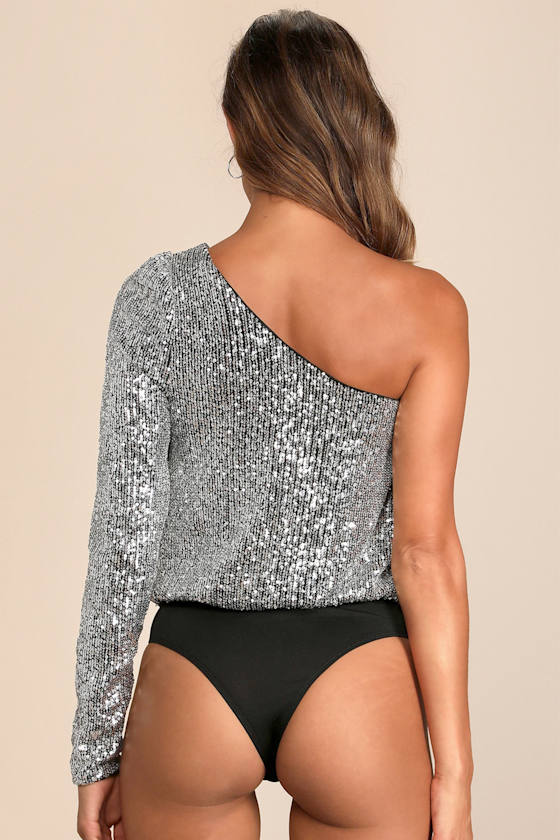 Dancing Diva Black and Silver Sequin One-Shoulder Bodysuit