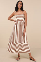 Exceptionally Pristine Brown and Cream Striped Cutout Midi Dress