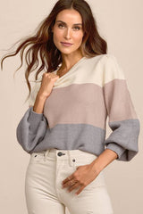 Open Book Cream Color Block Balloon Sleeve Sweater