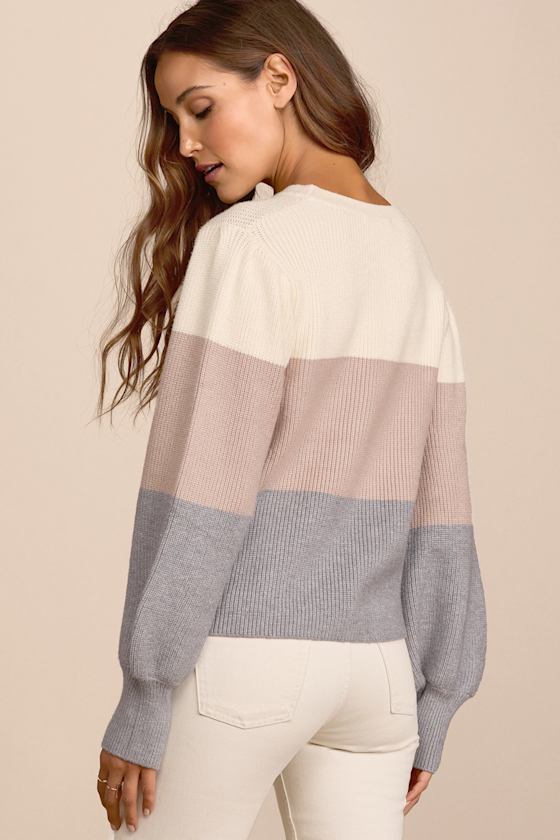 Open Book Cream Color Block Balloon Sleeve Sweater