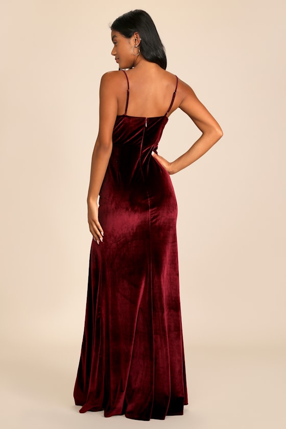 Everything I Do Wine Velvet Cowl Neck Mermaid Maxi Dress
