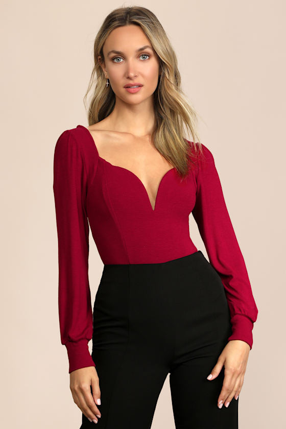 Flirting for Fun Wine Red Ribbed Long Sleeve Bodysuit