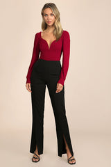 Flirting for Fun Wine Red Ribbed Long Sleeve Bodysuit