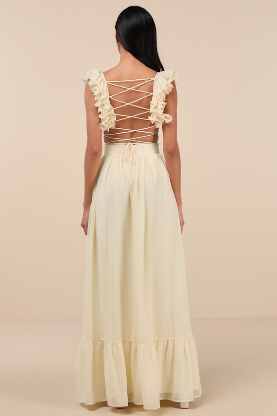 Soiree Celebration Light Yellow Ruffled Lace-Up Maxi Dress