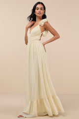Soiree Celebration Light Yellow Ruffled Lace-Up Maxi Dress