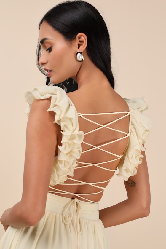 Soiree Celebration Light Yellow Ruffled Lace-Up Maxi Dress