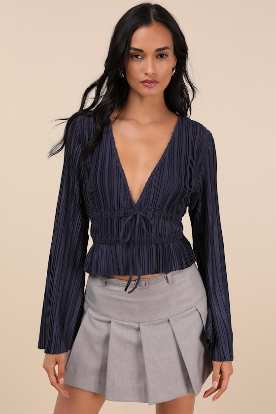 Staying Optimistic Navy Pleated Bell Sleeve Top