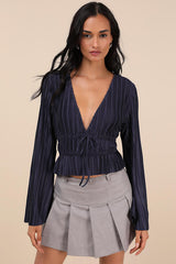 Staying Optimistic Navy Pleated Bell Sleeve Top