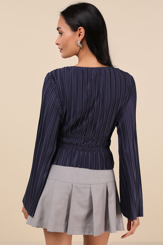 Staying Optimistic Navy Pleated Bell Sleeve Top