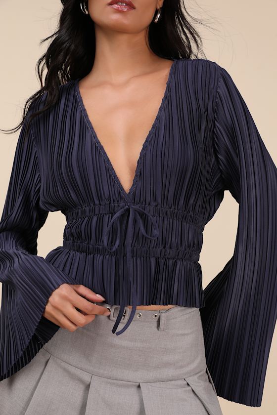 Staying Optimistic Navy Pleated Bell Sleeve Top