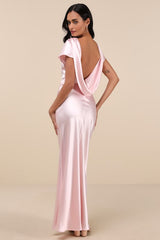 Captivating Presence Blush Pink Satin Cowl Back Maxi Dress