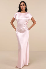 Captivating Presence Blush Pink Satin Cowl Back Maxi Dress