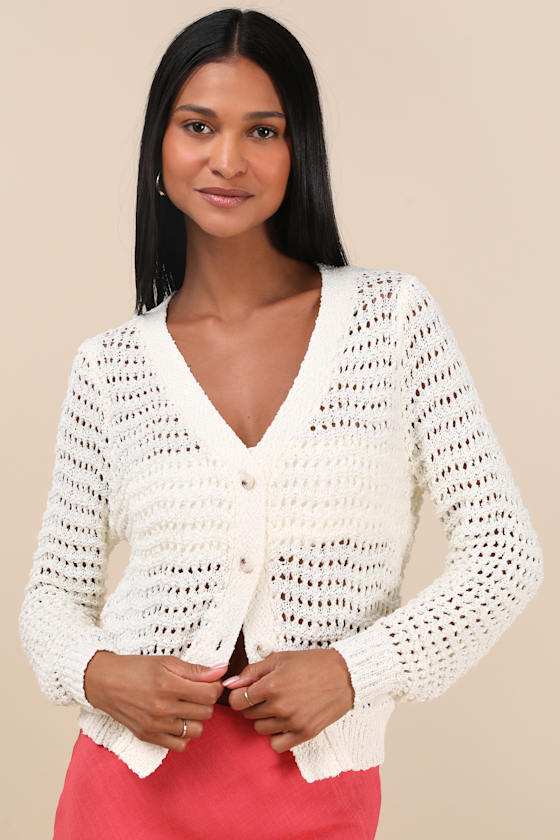 Breezy Attitude Ivory Loose Knit Button-Up Cardigan Sweater