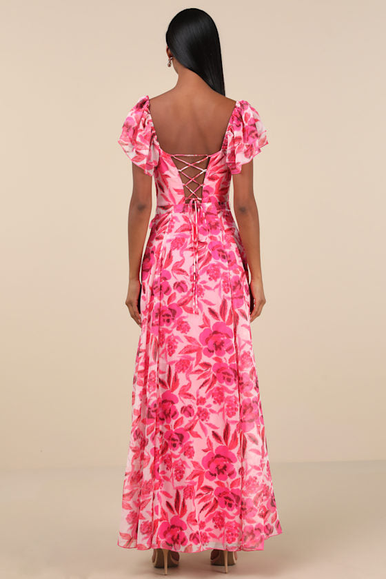 Sensationally Sweeter Bright Pink Floral Ruffled Maxi Dress