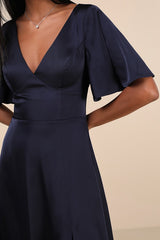 Elegant Confidence Navy Satin Flutter Sleeve Cutout Maxi Dress