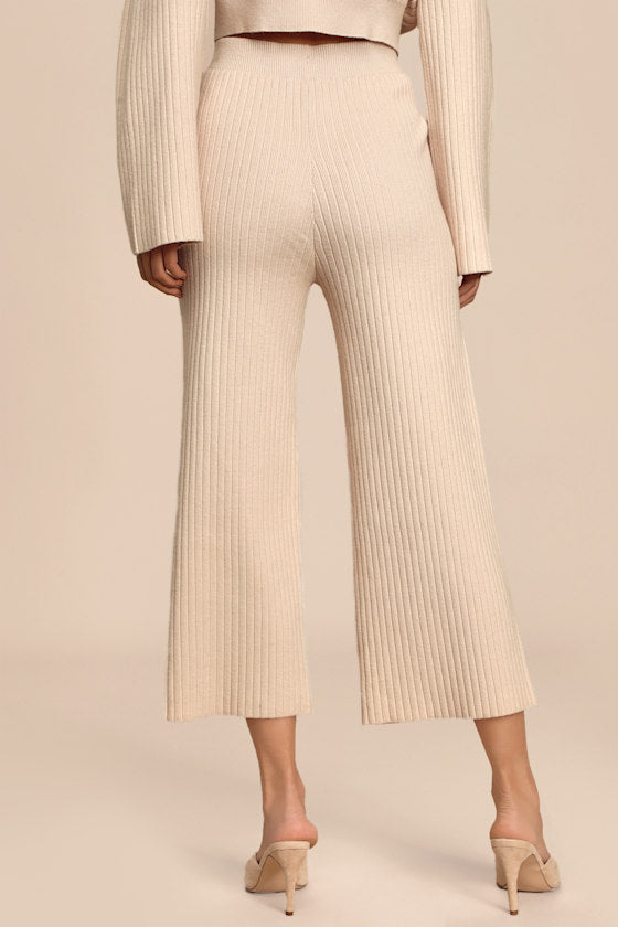 Snuggly Style Cream Ribbed Knit Wide-Leg Pants