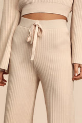 Snuggly Style Cream Ribbed Knit Wide-Leg Pants