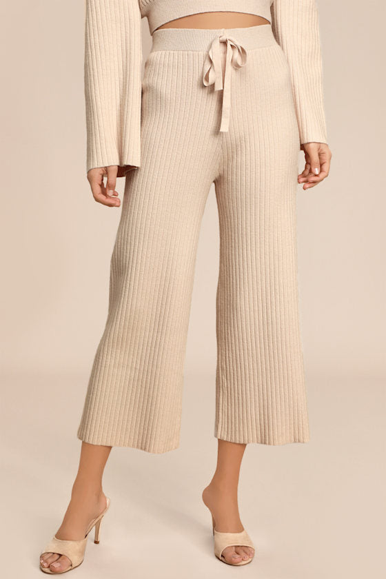 Snuggly Style Cream Ribbed Knit Wide-Leg Pants