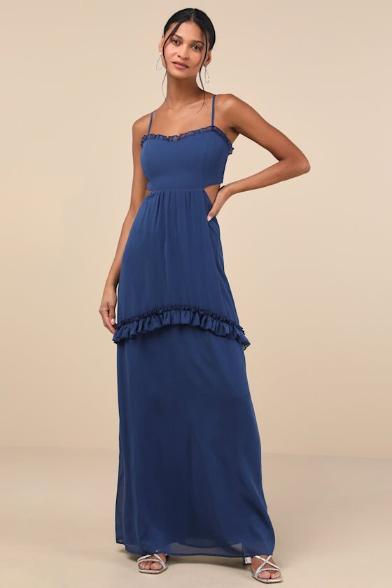 Pronounced Perfection Dark Blue Cutout Tie-Back Maxi Dress