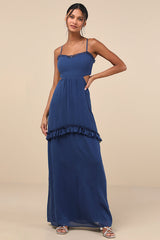 Pronounced Perfection Dark Blue Cutout Tie-Back Maxi Dress