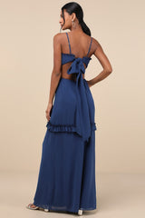 Pronounced Perfection Dark Blue Cutout Tie-Back Maxi Dress