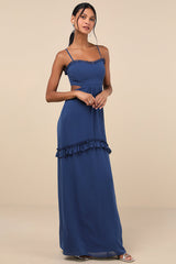 Pronounced Perfection Dark Blue Cutout Tie-Back Maxi Dress