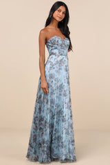 Most Beautiful Day Blue Multi Floral Print Organza Maxi Dress