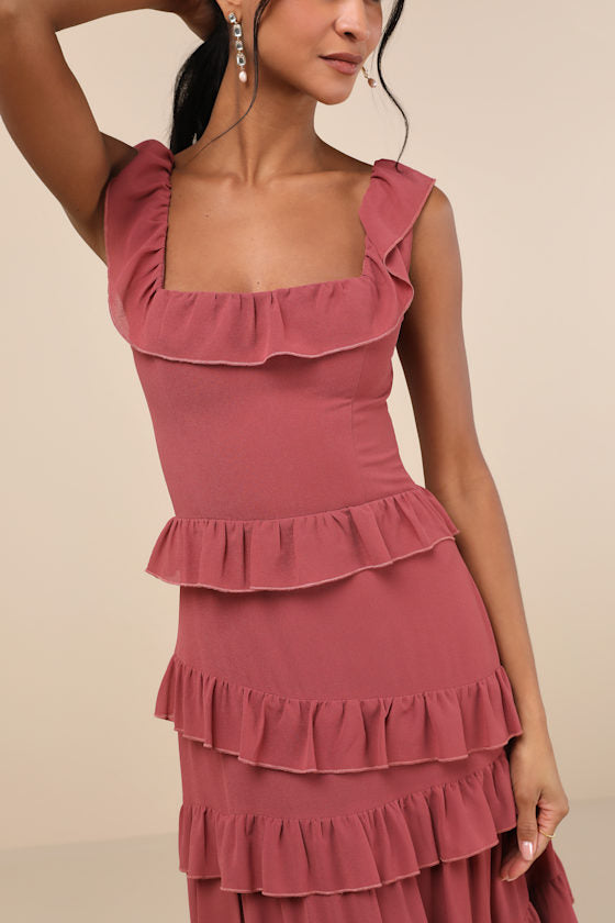 Compelling Romantic Rusty Rose Ruffled Tiered Maxi Dress