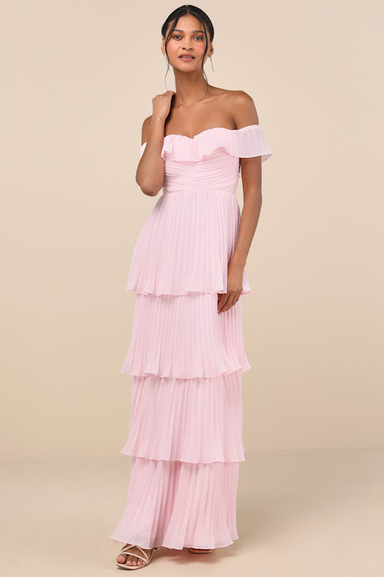 Always Remarkable Pink Pleated Off-the-Shoulder Maxi Dress