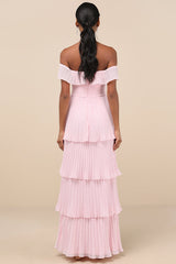 Always Remarkable Pink Pleated Off-the-Shoulder Maxi Dress