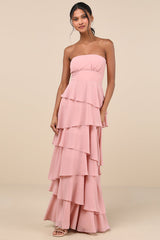 Gorgeous Essence Blush Strapless Tiered Maxi Dress